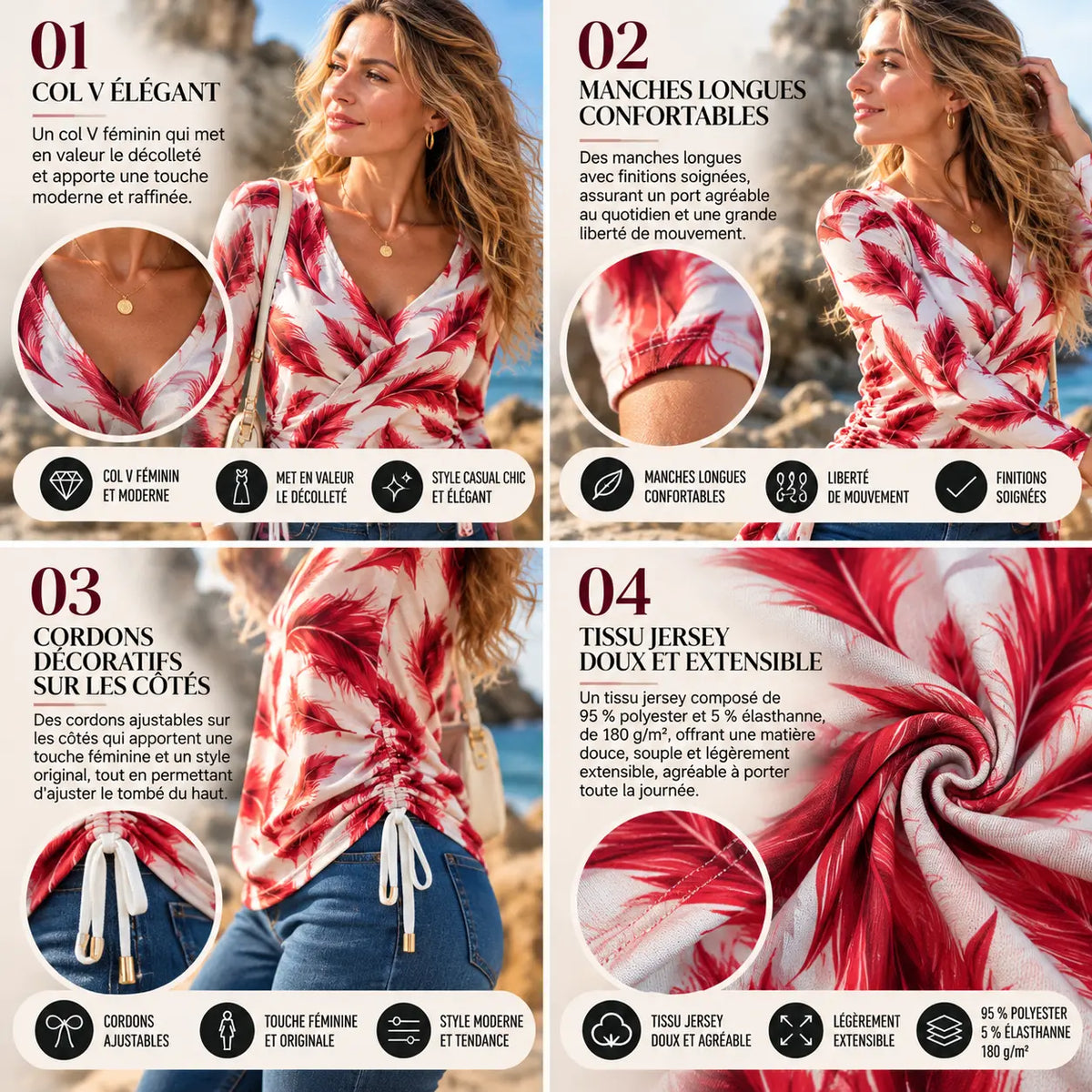 T-shirt col V à manches longues avec cordons latéraux pour femme – Douceur, confort & féminité