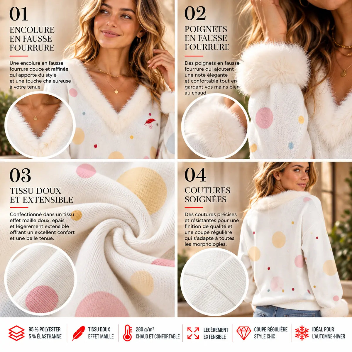Pull effet maille avec fausse fourrure pour femme – Douceur, chaleur & élégance