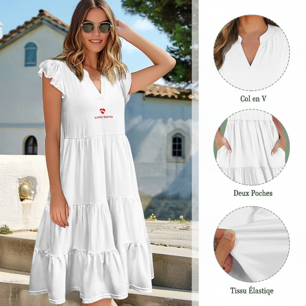  une femme qui porte  une robe midi patchwork femme col v avec les détaille le col les deux poches et le tissu